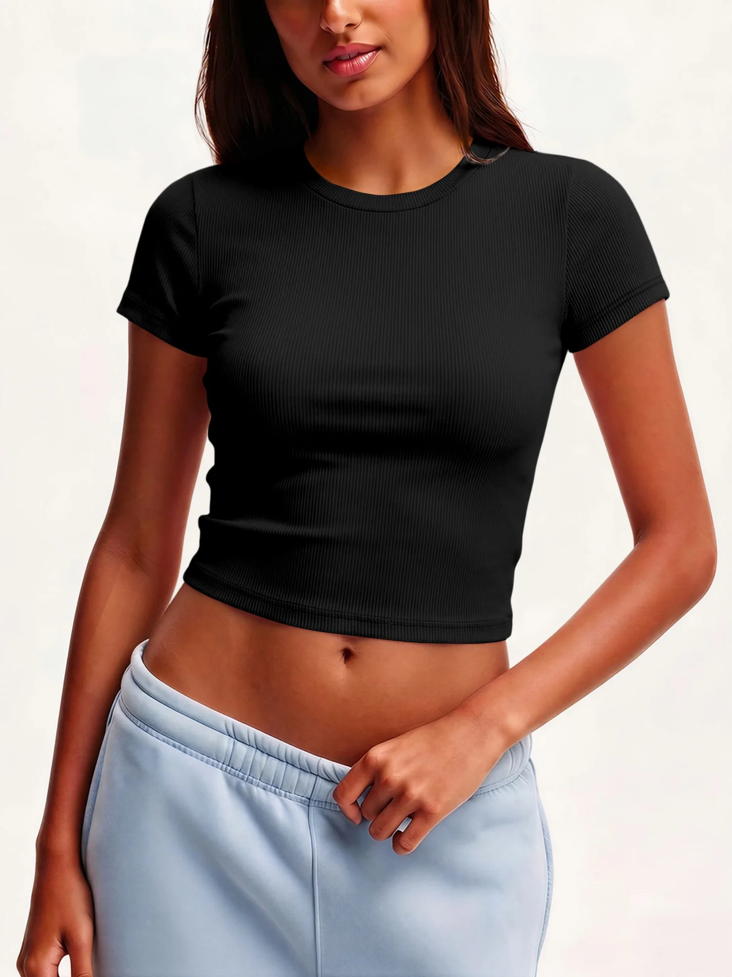 Clean‑Line Ribbed Cropped Short‑Sleeve Top, Crew Neck Fitted Tee for Leisure Outing and Friend Reunion