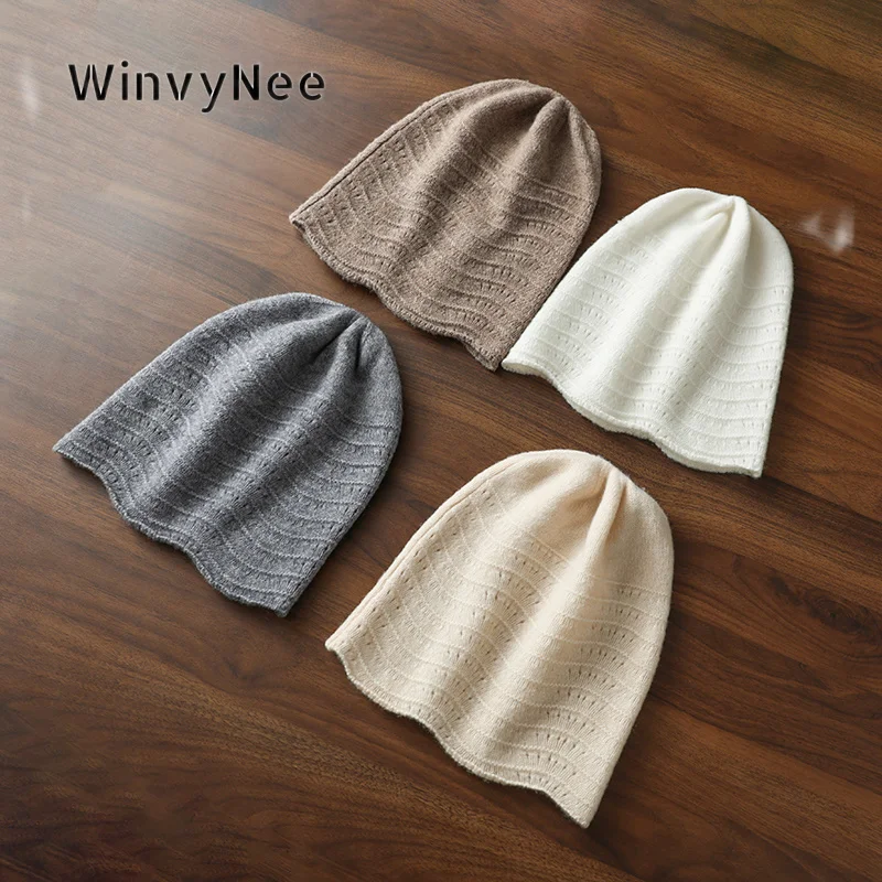 WinvyNee Women 100% Wool Wave Edge Hollow Knitted Hat Elastic Head Wrap Soft Beanie Autumn Winter Headwear Decor Cap I1883027