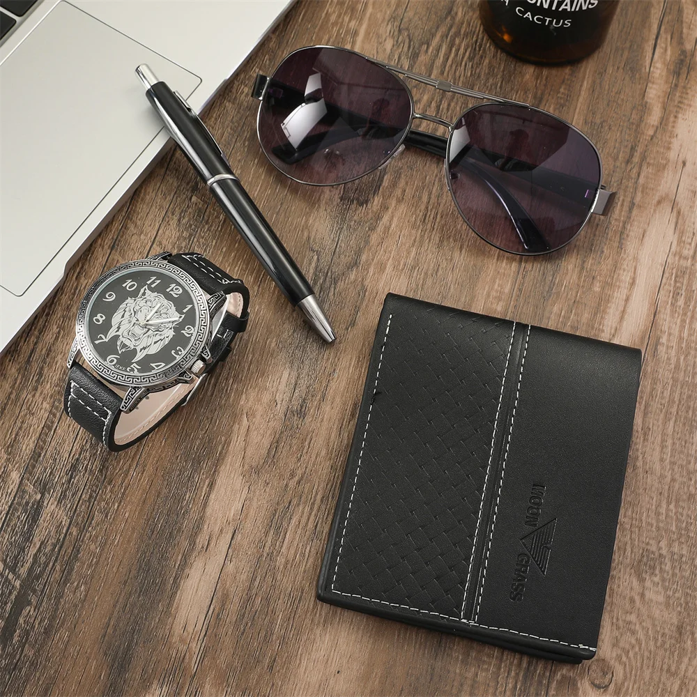 New 4pcs/set Mens Gift Box Set Quartz Watch Men Fashion Casual Leather Wallet Sunglasses Ballpoint Pen Birthday Gift Set for Men