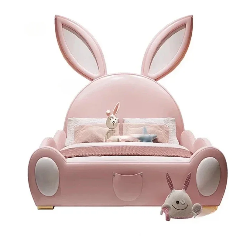 Luxury Pink Solid Wood Children Beds European Rabbit Princess Bed Girl with Guardrail Kids Bed Bedroom Slide Bed Home Furniture