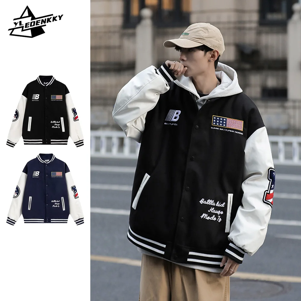 

American Bomber Jacket Men Women Vintage Lettered Embroidered Baseball Uniform Preppy Panelled Loose Casual Jacket Autumn Unisex