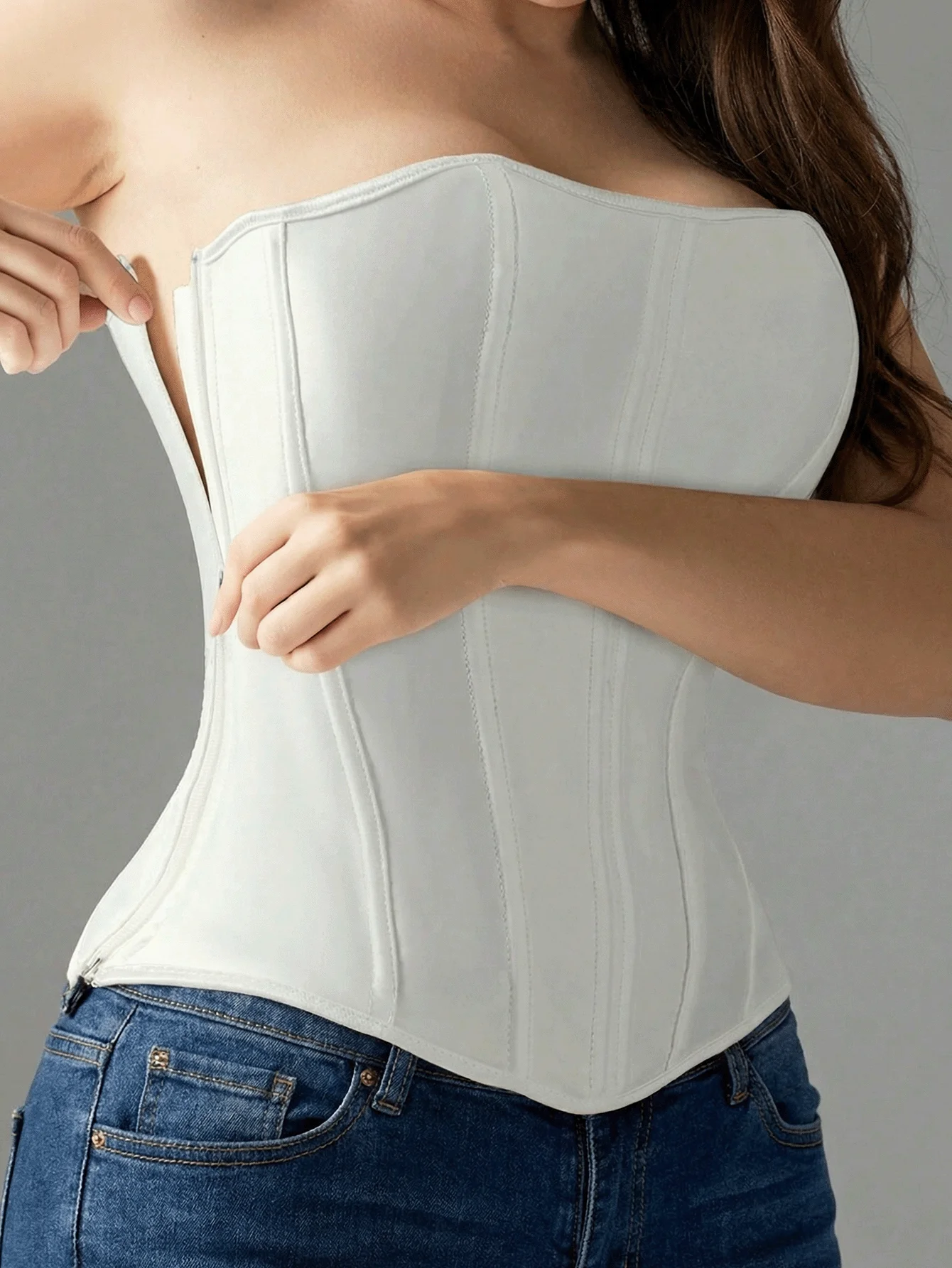 Sexy Korsett-Top in Unifarbe, Taillentrainer, trägerlos, schulterfrei, Korsett-Tanktop, Bustier mit Reißverschluss, Push-up, sexy Unterbrust-Top – Detail 6