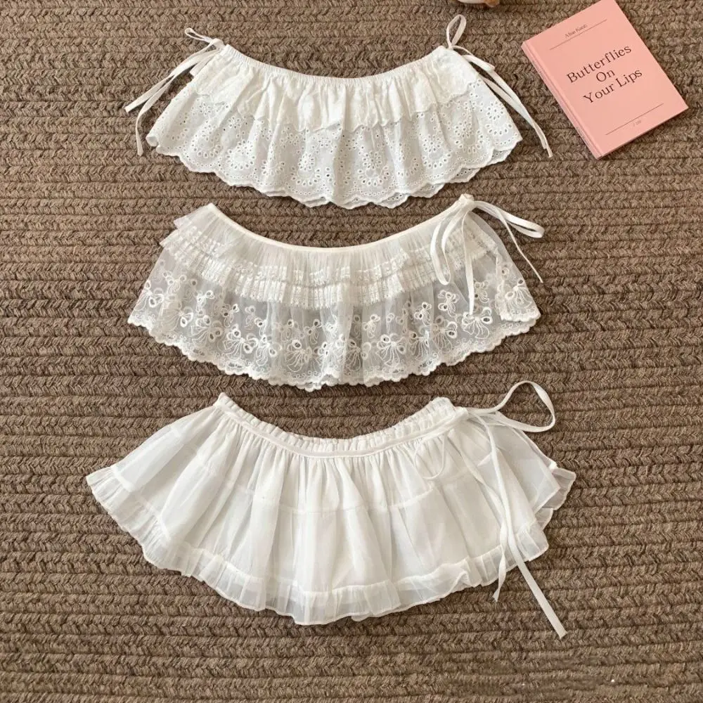 Fashion Sweet Lace Mini Skirt Korean Style Hight Waist Gauze Skirt Flower Lace-up Ruffled Edge Skirt Female