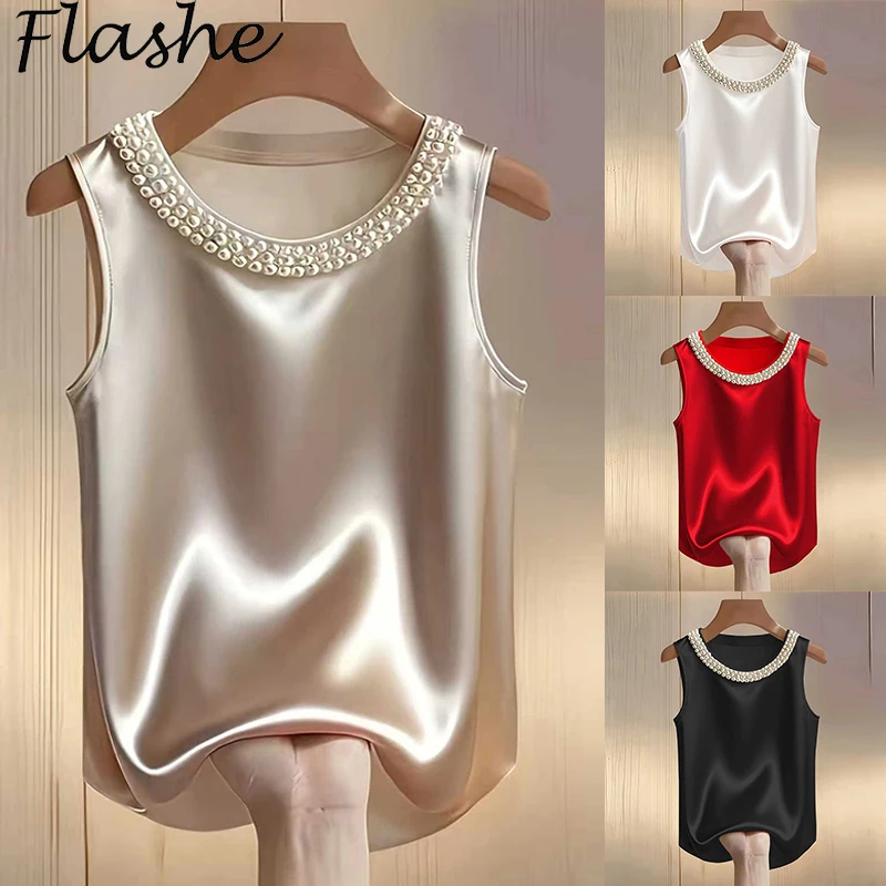 Elegante Satin-Bluse für Damen Sommer Perlen-Design Seiden-Bluse Damen T-Shirts Mode Lockeres Oberteil Damen Tanktops Modisches Damen-T-Shirt