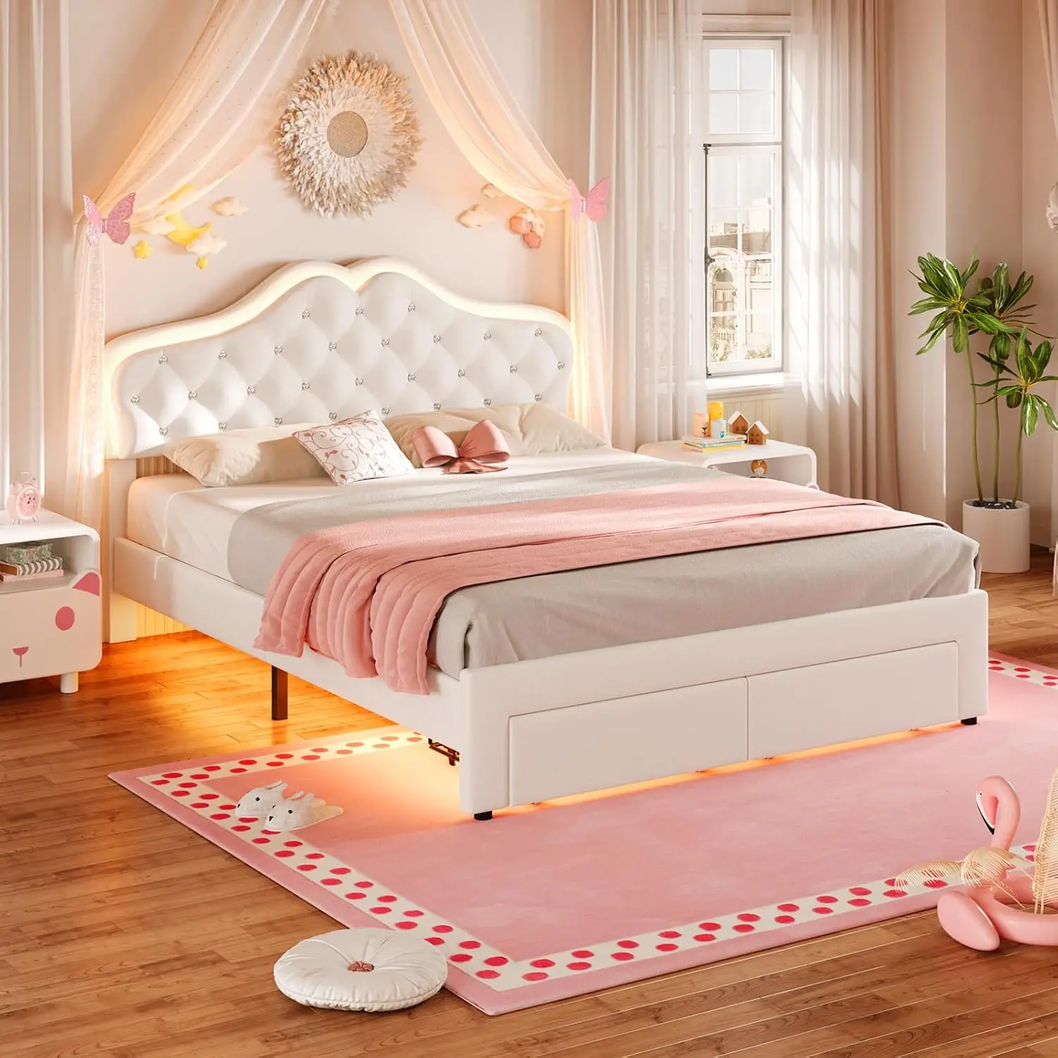LED 조명이 있는 풀 사이즈 벨벳 침대, 서랍 2개, 조절 가능한 헤드보드, 목재 칸막이, 베이지