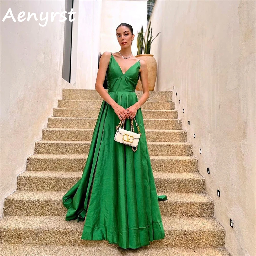 Aenyrst-vestidos de baile com alça verde simples para mulheres, linha A, decote V, vestidos de noite divididos, até o chão, vestido de festa