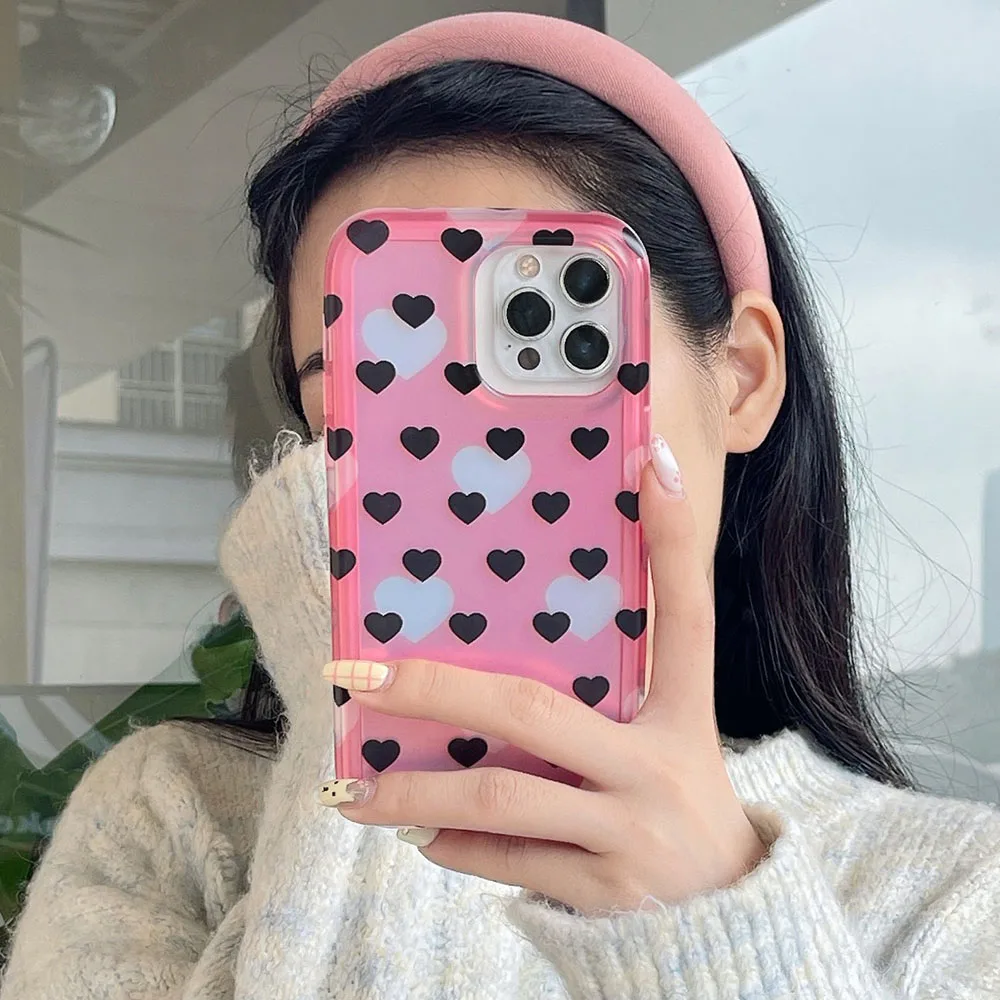 Korea Full Love Heart Lovely Girl Phone Back Case For iPhone 12 Pro Max 13 14 15 Pro Max 13Pro Cases 2 in 1 Shockproof Back Cove