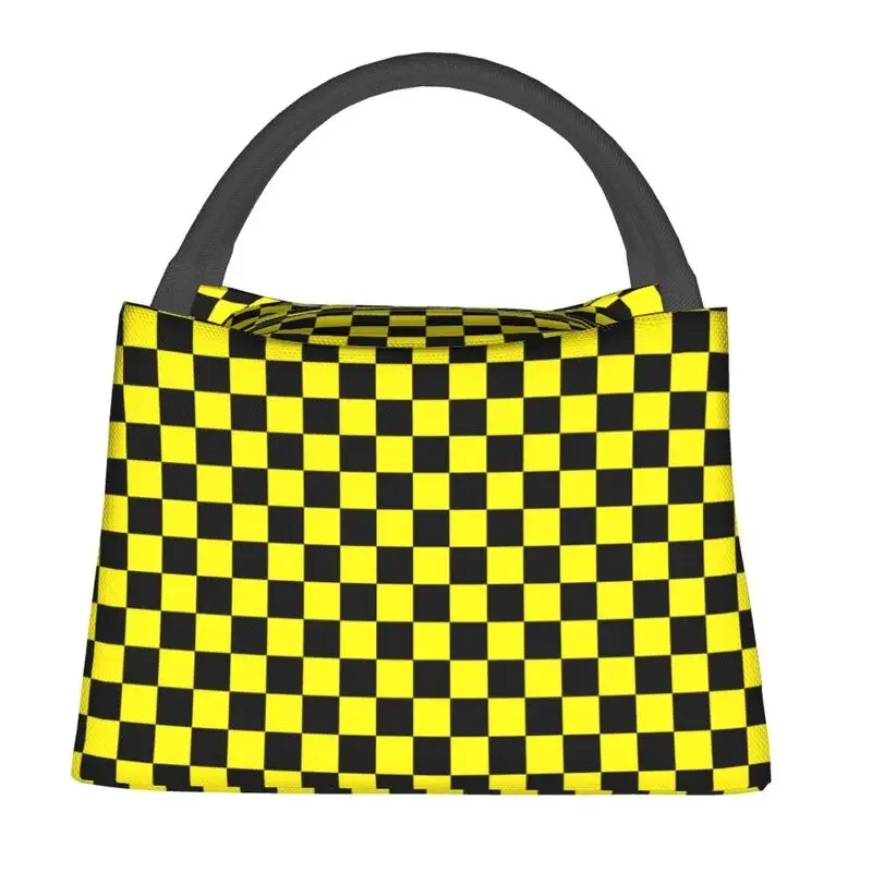 Black Yellow Checkered Insulated Lunch Bags for Women Checkered Portable Cooler Thermal Bento Box Hospital Office