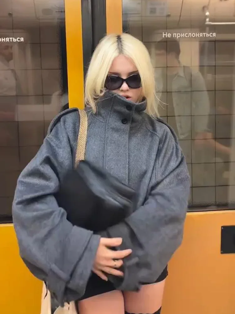 Chaqueta elegante de lana con cuello levantado para mujer, chaquetas holgadas de manga larga con un solo pecho y cremallera, prendas de vestir para Otoño e Invierno 2025