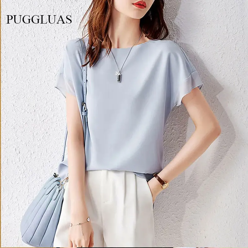 

Women Chiffon Shirt Blouse Top 2022 New Summer Short Sleeve O Neck Solid Female Blouses Shirts T-shirt Casual Lady Tops Clothing