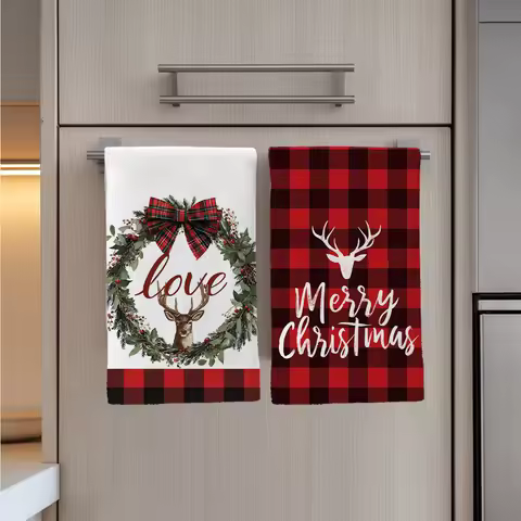 2PCS Grid Christmas Elk Wreath Kitchen Towels Dish Towel Dish Cloths for Kitchen Christmas Decoration 40x60cm