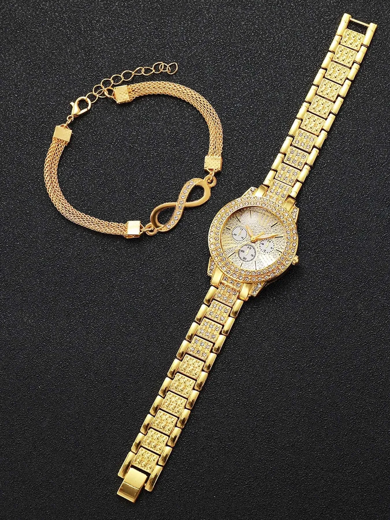 fashionable Roman numeral diamond-embellished ladies' quartz watch bracelet wristwatch set Fashion Round Dial