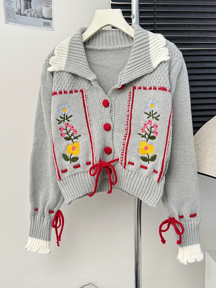 Korean style Knit Cardigan Women Vintage Peter Pan Collar Embroidery Lace Up Sweater Coat Autumn Sweet Long Sleeve Tops