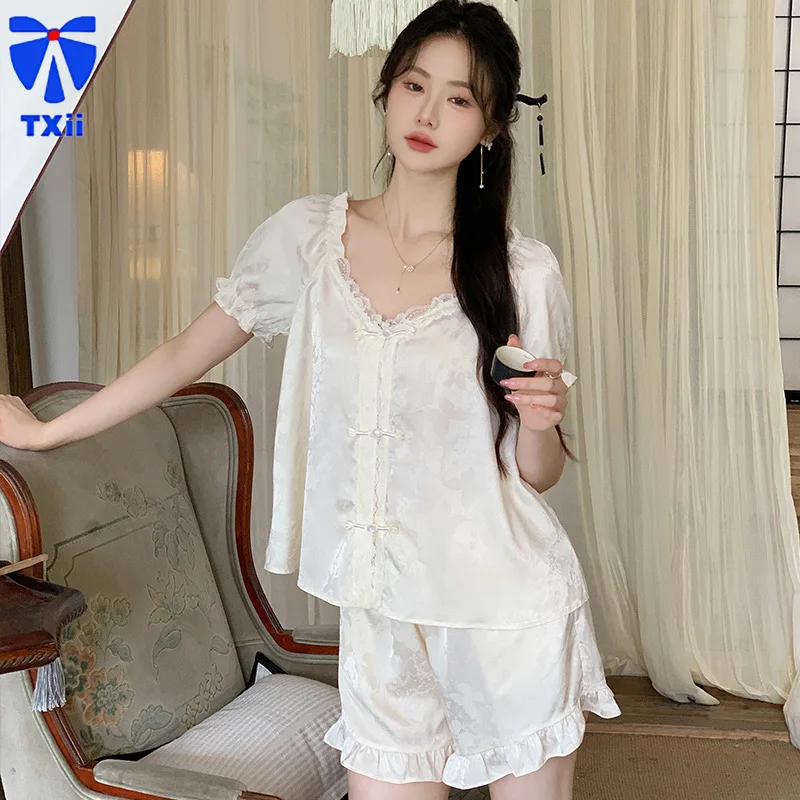 Simple Ethnic Style Pajamas Women's 2024 Summer New Ice Silk Short-sleeved Shorts Two-piece Suit Home Clothes Women