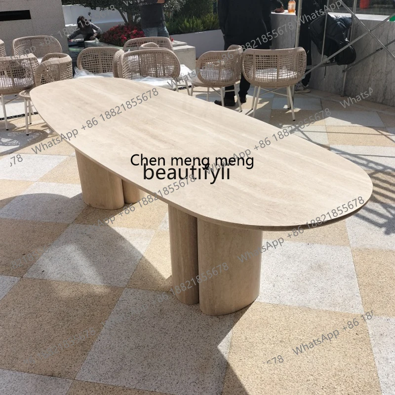 Natural Cave Stone Marble Dining-Table Long Dining Table Modern Villa Model House Western Restaurant