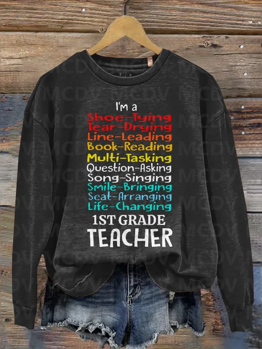 First Grade Teacher Print Casual Long Sleeve Sweatshirt 3D Printed Women Casual Pullover