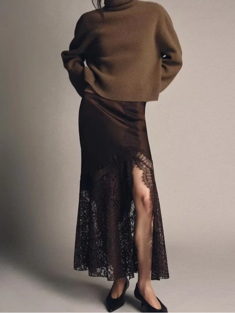 

Sexy Lace Patchwork Long Skirt Women Elegant Fashion Solid Waist Cinched Mid-length Bottom Lady 2025 Daily Commute Street Skirts