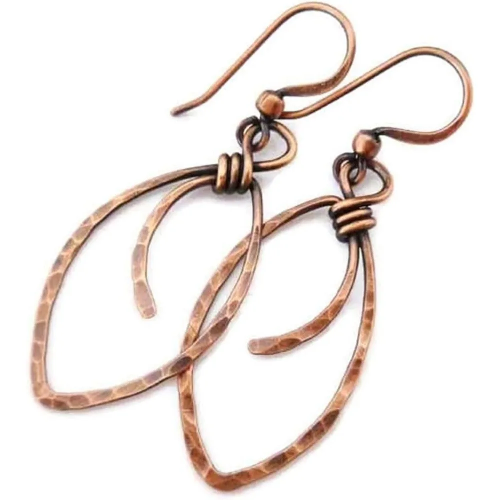 

Handcrafted solid copper earrings hammered marquis shape wire wrapped antiqued copper 1 3/8 inch drop