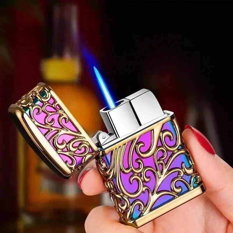 2024Selling Metal Blue Flame Turbo Torch Inflatable Butane Gas Lighter Outdoor Windproof Lighter 3D Floral Pattern Cigarette Set