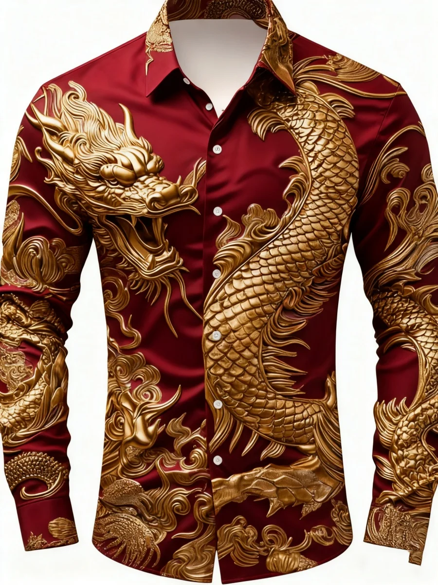 أحدث قميص رجالي عصري بنمط التنين الأسطوري، قميص كاجوال عصري بأزرار سفلية وأكمام طويلة، شحن سريع.