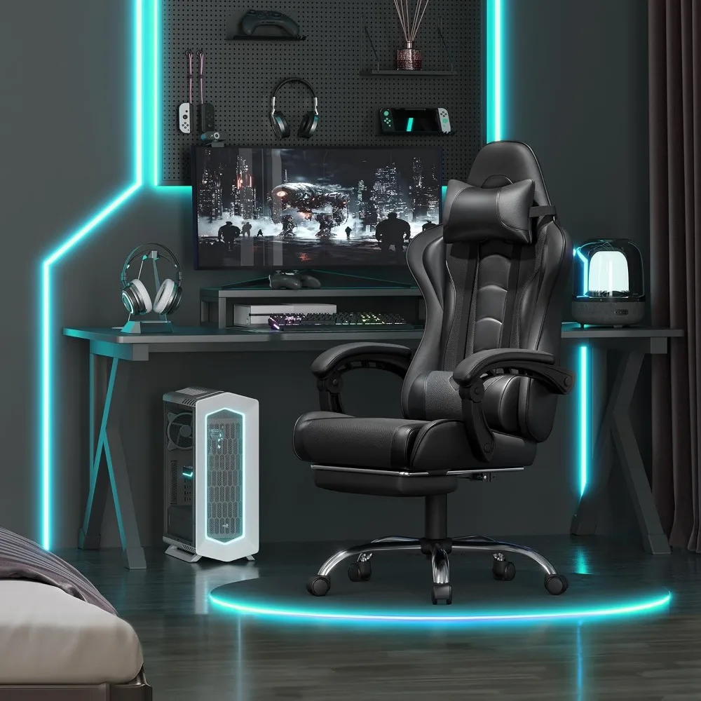 Comfortable PU Leather Gaming Chair with Footrest Massage Lumbar Pillow Reclining; Durable Metal Frame Supports Up to 300 lb view 2