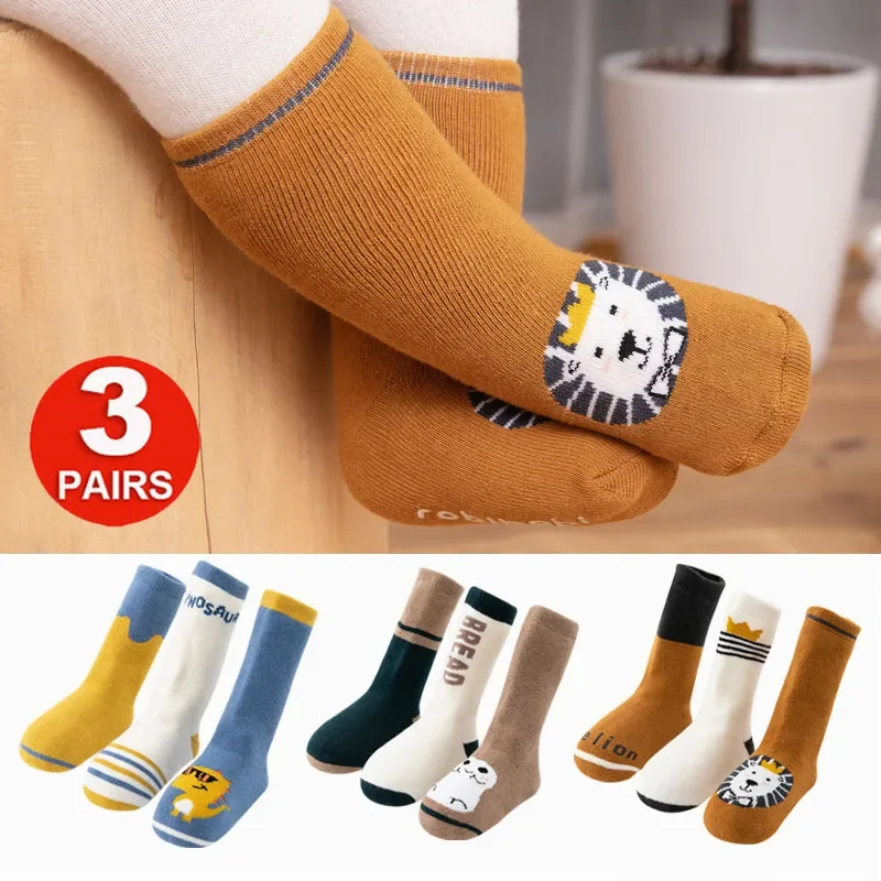 3Pairs Baby Boys Girls Toddlers Knee High Long Socks Set Non Slip Floor Walking Grip Sock Cute Kids Winter Thick Cotton Stocking