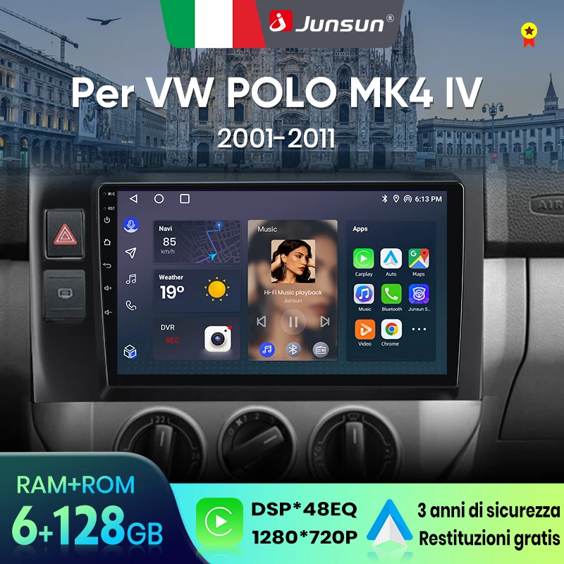 Junsun für Volkswagen Polo Mk4 IV 2001-2011 9 Zoll 4GB 64GB Android 13 Autoradio GPS Navigation Carplay DSP Bluetooth FM Lenkradbedienung Unterstützung USB AUX Eingang Rückfahrkamera Bereit 1080P