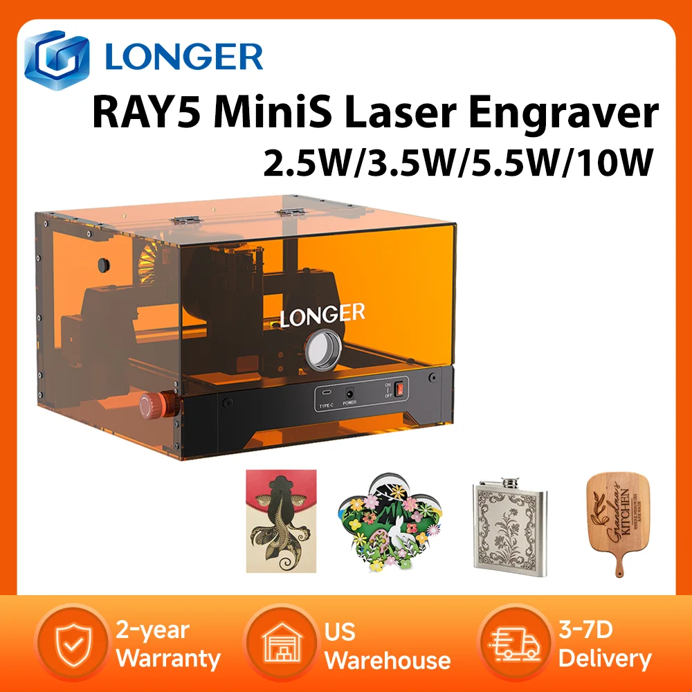

LONGER RAY5 MiniS Enclosed Laser Engraver,2.5W/3.5W/5.5W/10W,130×140mm,Class I Safety,USB/WiFi/App,300+ Materials