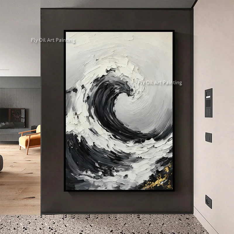 Large Design Black And White Ocean Wave Oil Painting Simple Popular Artwork Knife Thick Seacape Wall Art On Canvas For Decor