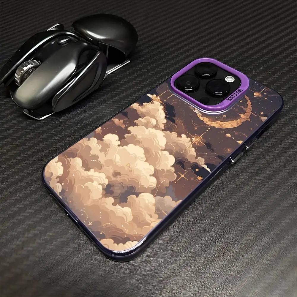 حافظة هاتف Cute Clouds Moon لهاتف iPhone 16,15,14,13,12,11,Mini,Pro,MAX غطاء مقاوم للصدمات باللون الأرجواني غير اللامع