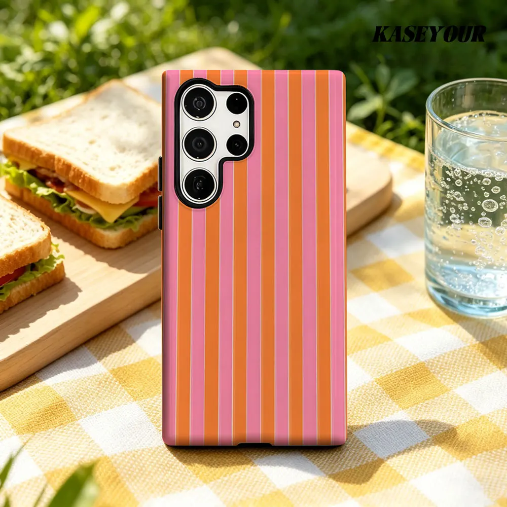 Orange Pink Vertical Stripes For Samsung Galaxy Phone Case A57 S20 S25 FE S26 Plus S24 Ultra A56 A37 2-IN-1 Shockproof Bumper
