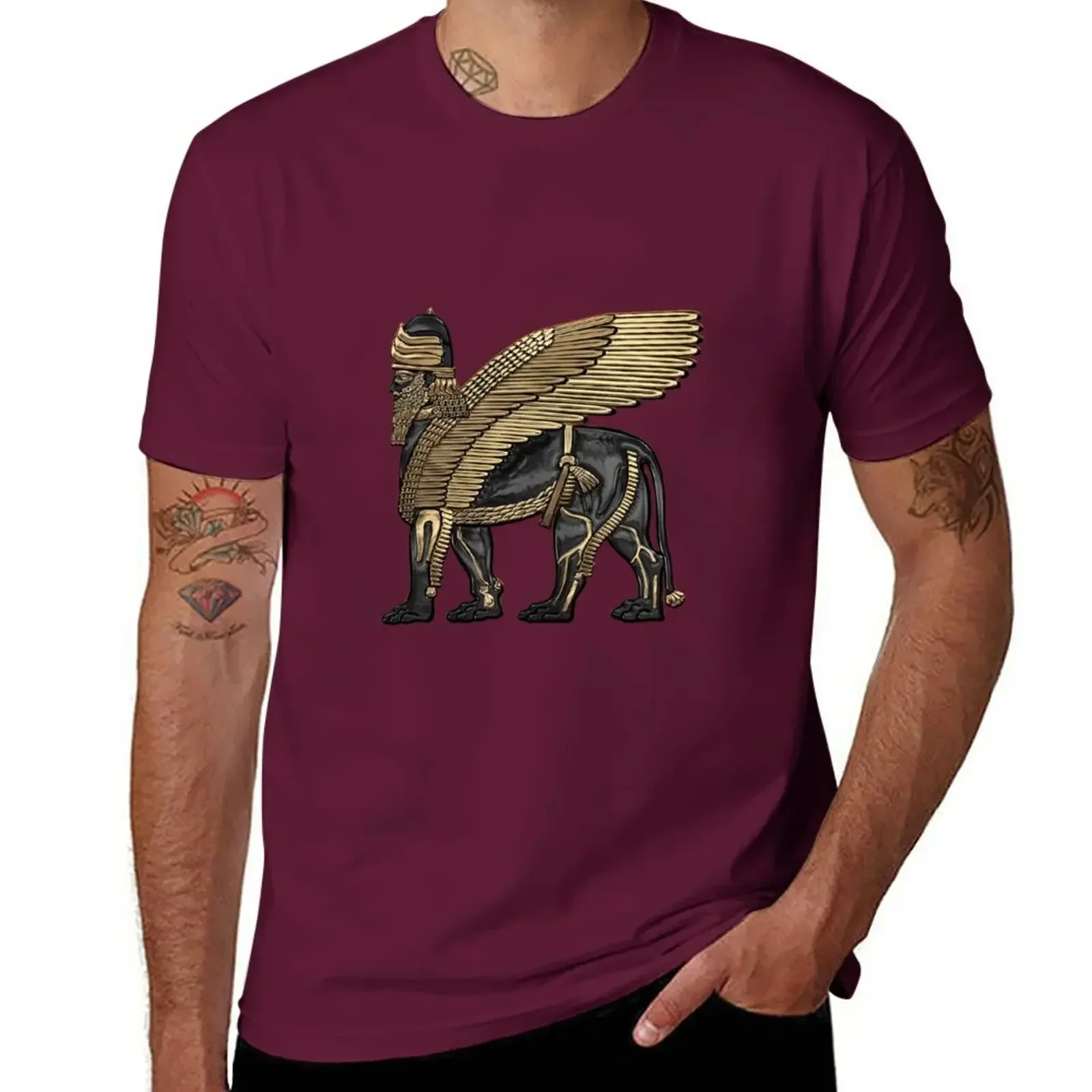 Short sleeve tee graphics oversizeds sweat shirts,men Assyrian Winged Lion - Gold and Black Lamassu over White Leather T-Shirt