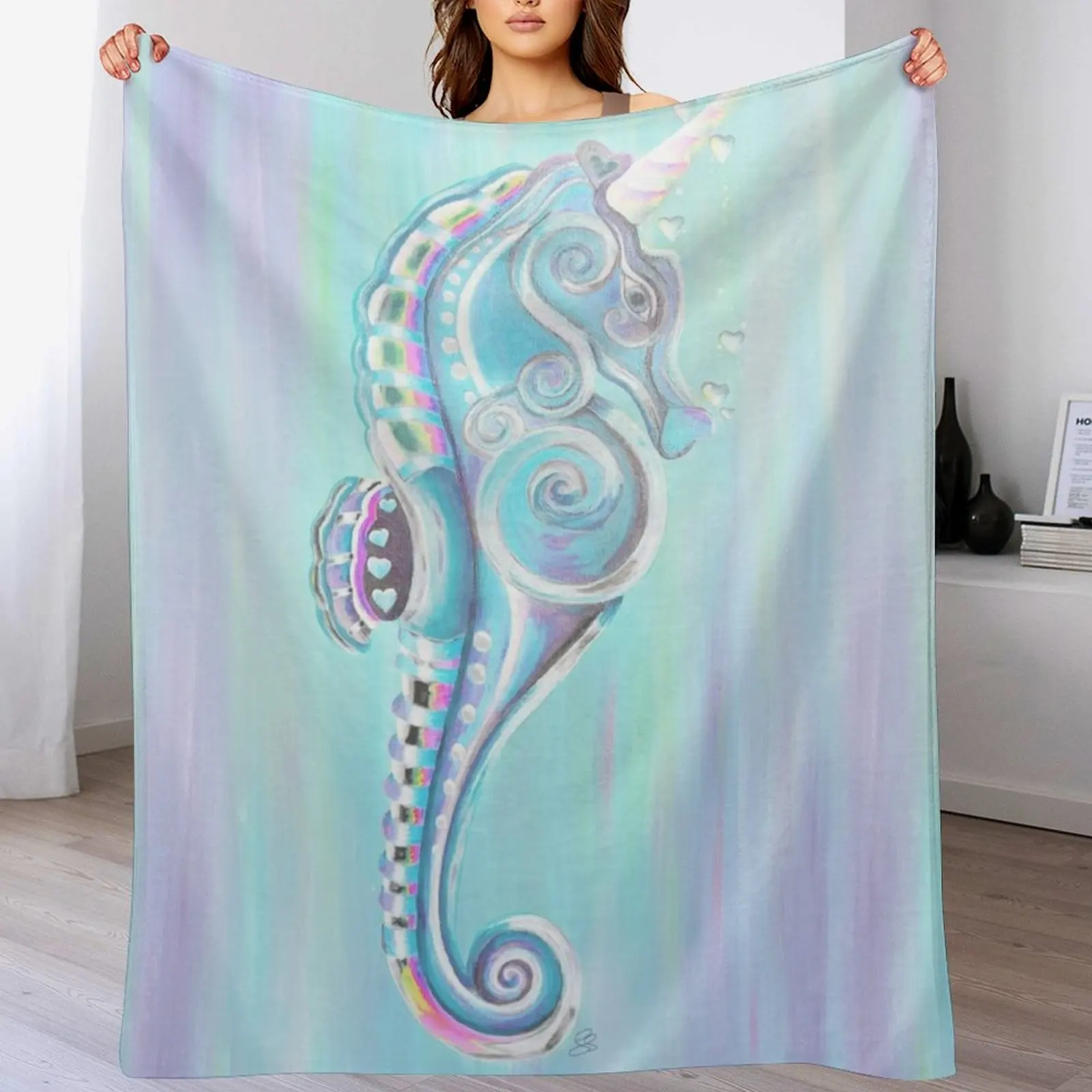 

Unicorn Blue Seahorse Throw Blanket Summer Beddings Shaggy Decoratives Blankets