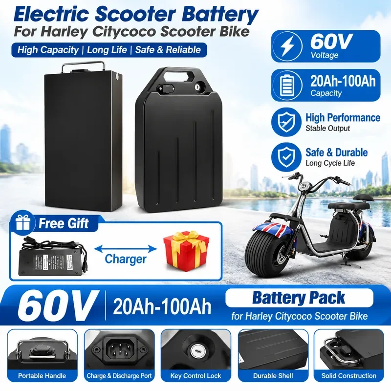 60V High Capacity 18650 Lithium Battery Pack 20Ah-100Ah Power Supply for 250W-2000W Electric Bike Scooter Motor