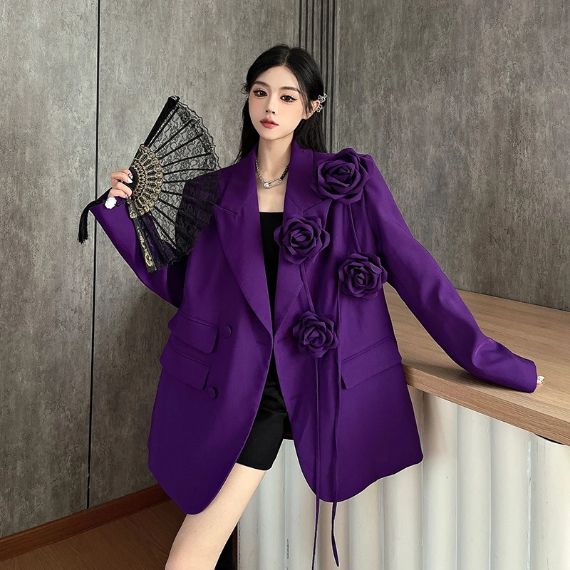 [MODX] Purple Three-dimensional Flower Heavy Industry Suit Jacket, Women's Niche Design, High-end Shoulder Pad Suit