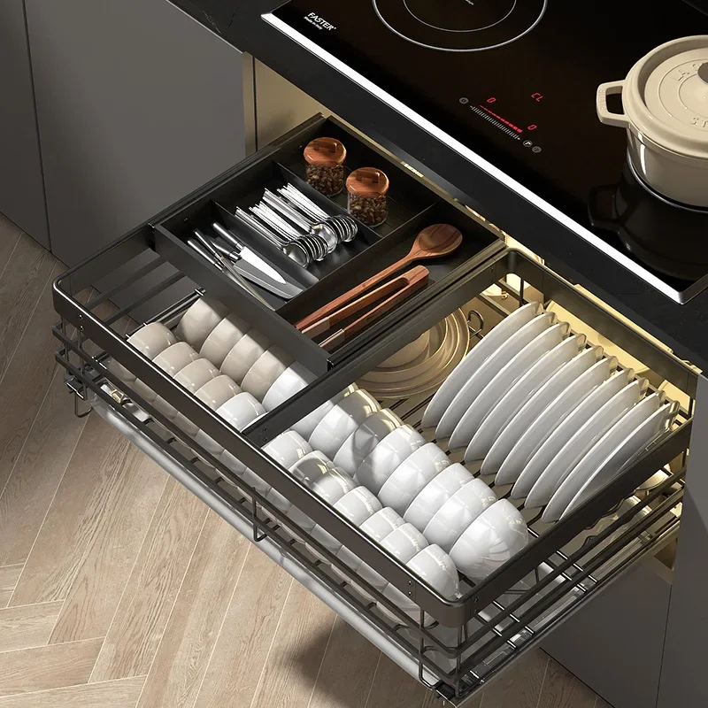 Pull basket Kitchen cabinet Three-layer bowl rack Pumping alloy rack Storage blue seasoning dish basket