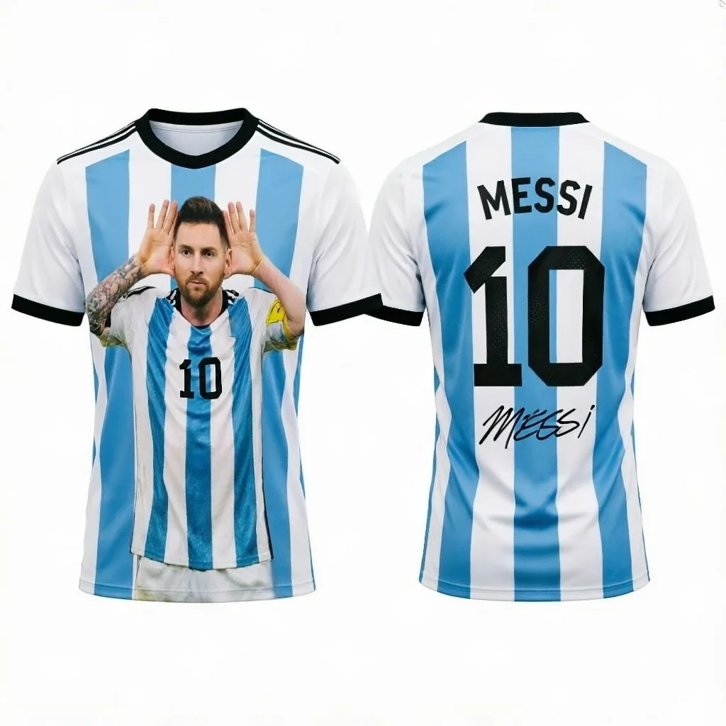 Messi No.10 Argentina Stripe Portrait‑Print Soccer Jersey Unisex Summer Breathable Short‑Sleeve Football Tops For Youth Adults