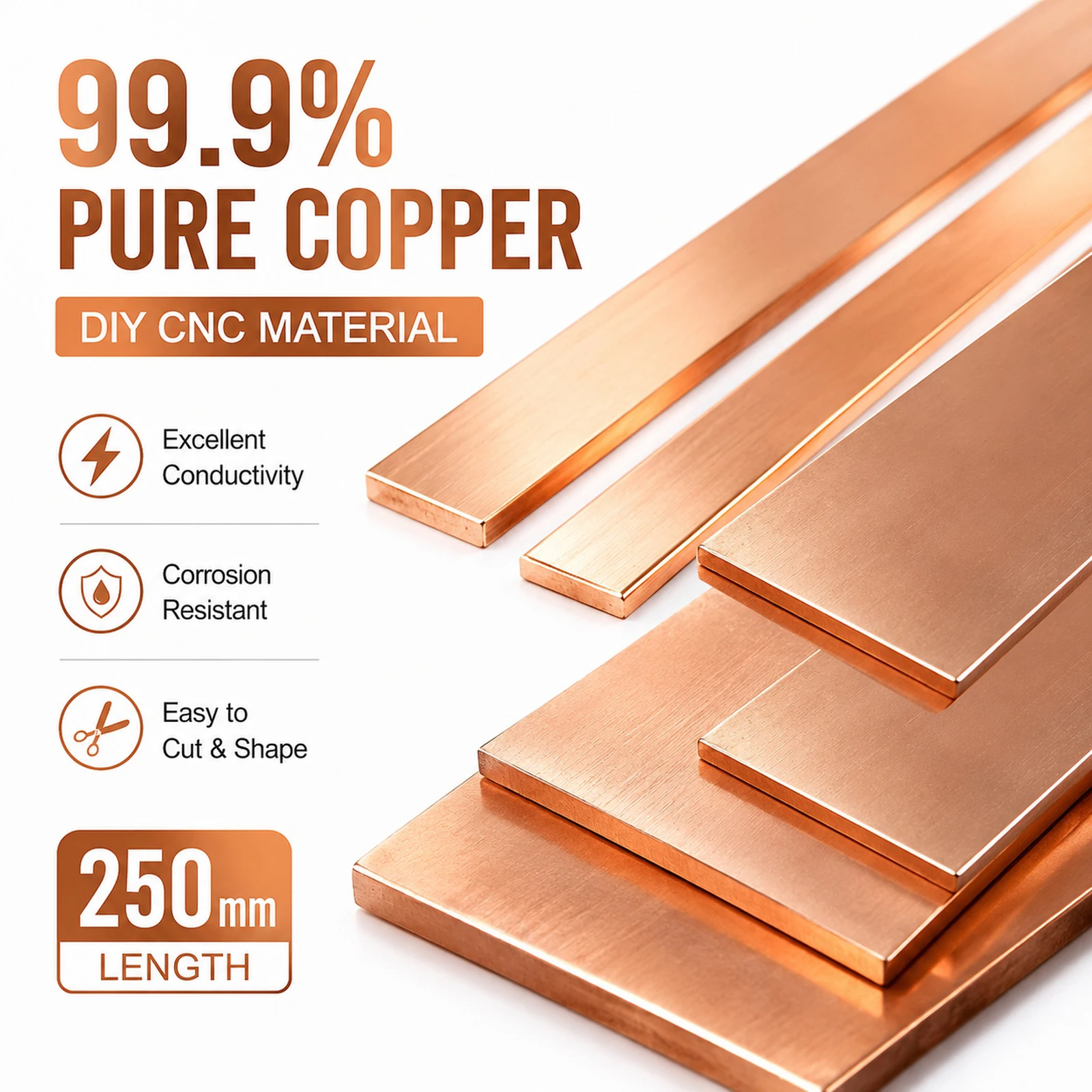 Pure Red Copper Flat Bar Plate 1Pcs, 99.9% Pure Copper Bus Bar Sheet, Thickness 1/1.5/2/3/4/5/6/8mm Length 100-500mm