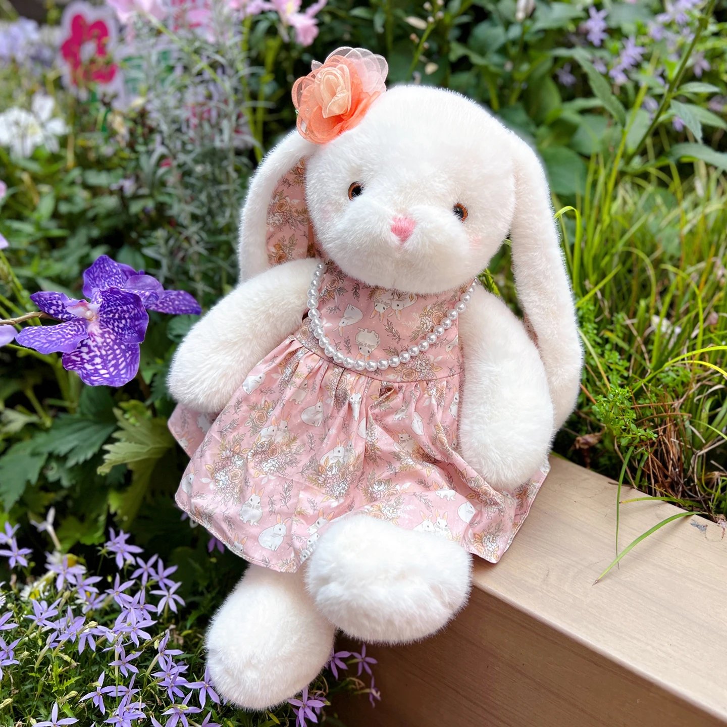 

Detachable Outfit Charming Long-Eared Bunny Stuffed Animal with Floral Dress Soft & Huggable Plush Toy for Kids Perfect Gift