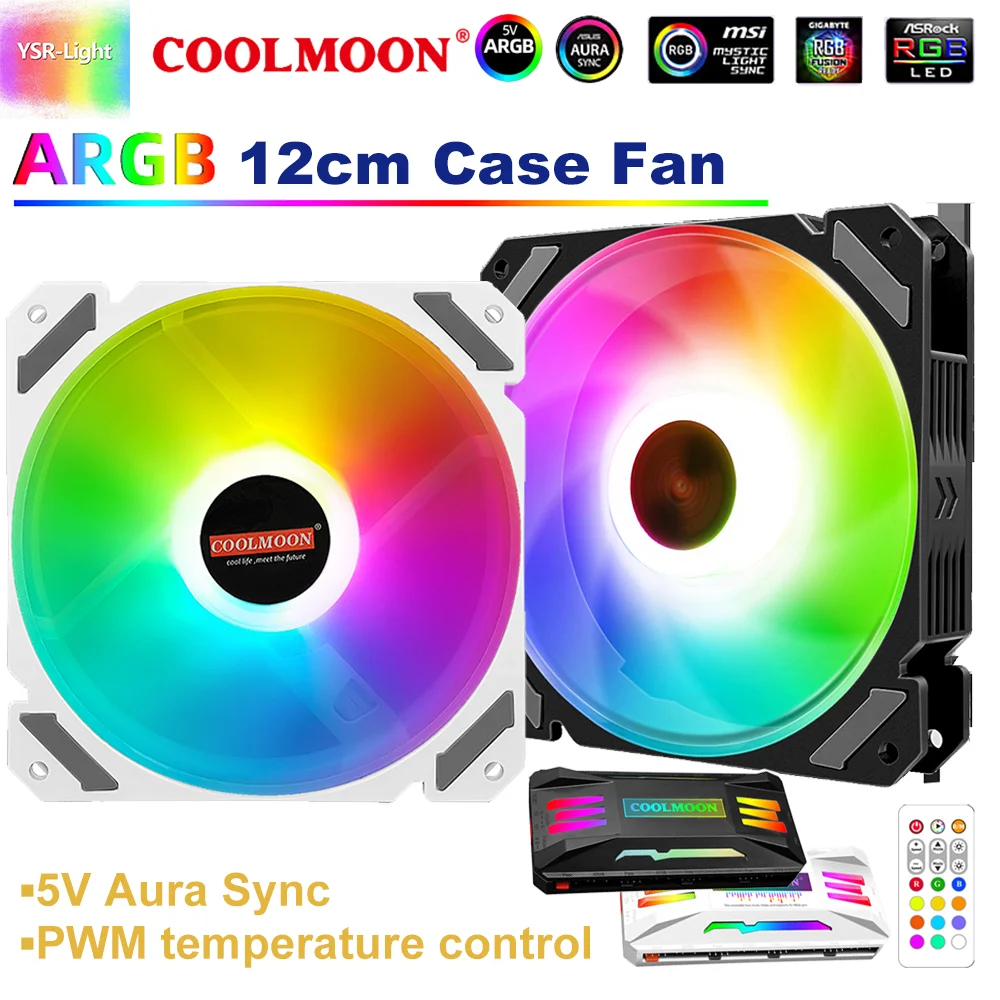 

COOLMOON ARGB 12cm Case Fan Cool Radiator 5V3Pin Aura Sync PWM Temp-adjust Denoise Anti-vibration with 3in1 Hub Remote Control