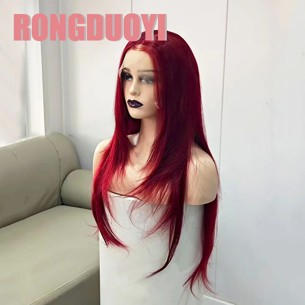 RONGDUOYI Burgundy Layered Haircut Synthetic Wig Natural Wavy Heat Fiber Lace Front Wigs for Women Makeup Cosplay Burgundy Hair