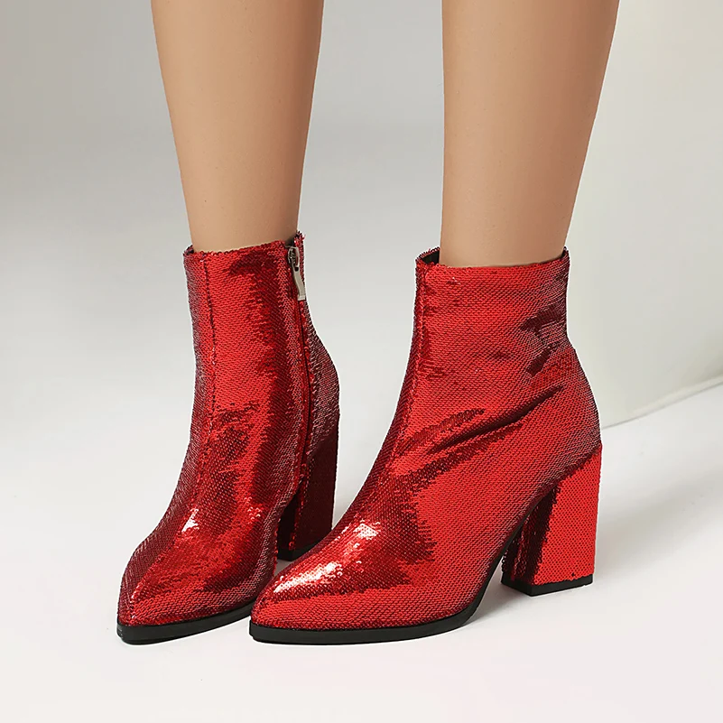 

Magical Color Changing Circle Illuminated Patch Fabric Pointed Ultra Thick Heel Side Zipper Short Boots Reflective Color Sequins