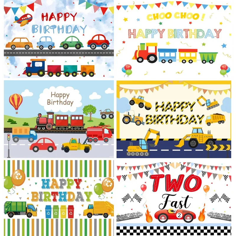 

Transportation Happy Birthday Party Backdrop Automobile Train Planes Car Boy Photography Background Banner for Kids Decorations