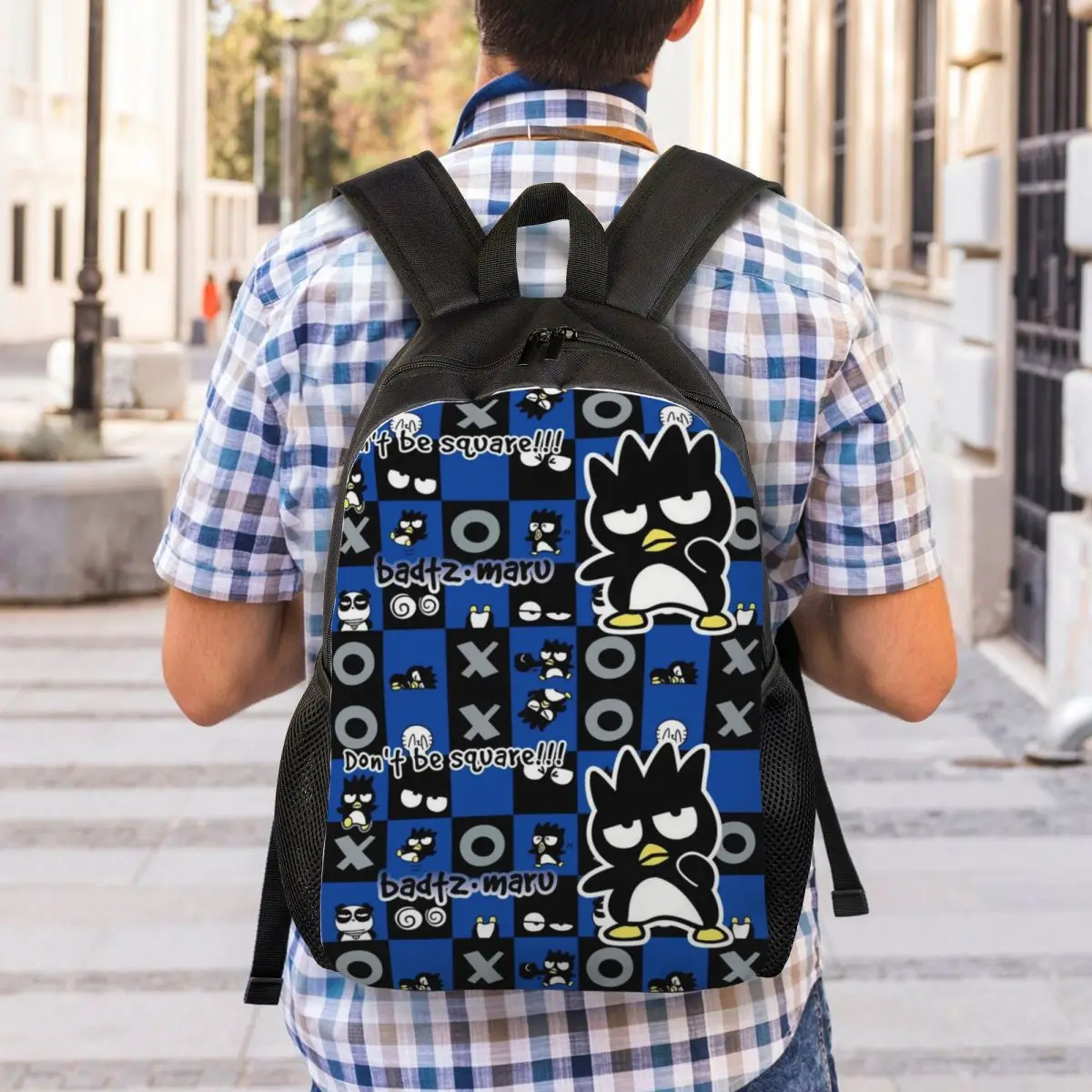 Mochila de viaje cuadrada de dibujos animados para hombres y mujeres, bolsa de libros para computadora portátil para estudiantes universitarios, Bad Badtz Maru Xo