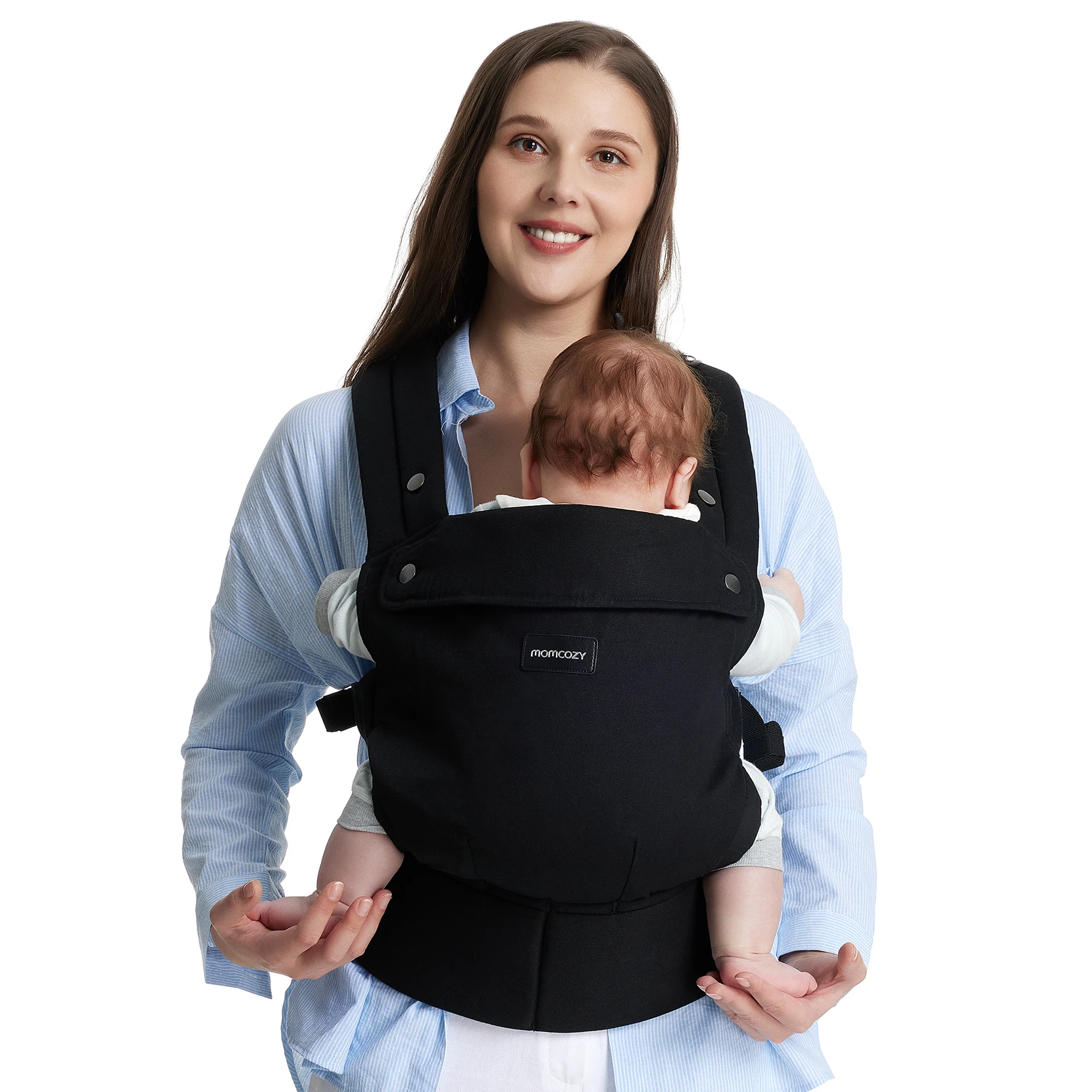 Momcozy Baby Carrier حديثي الولادة إلى الأطفال الصغار - حاملة أطفال مريحة وخفيفة الوزن تتسع لـ 7-44 رطل، سهلة الارتداء، فكرة