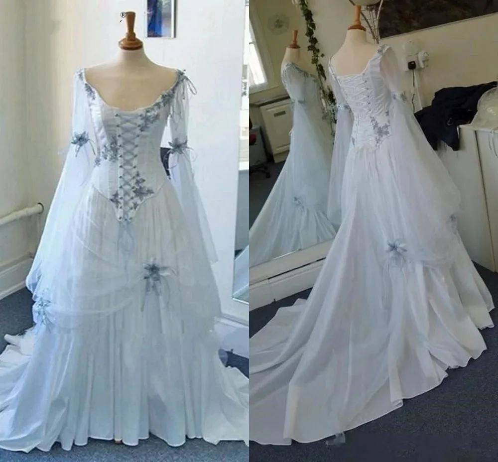 Celtic Gothic Chiffon Wedding Dresses Flower sky blue lace-up corset victorian Bridal Gowns Long Bell Sleeves customsized