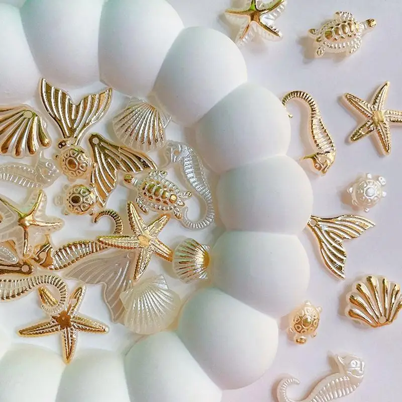 30 Marine Series Bead Bracelets: Resin-style Shells, Conches, Seahorses, Five-pointed Stars With Holes, Diy Made