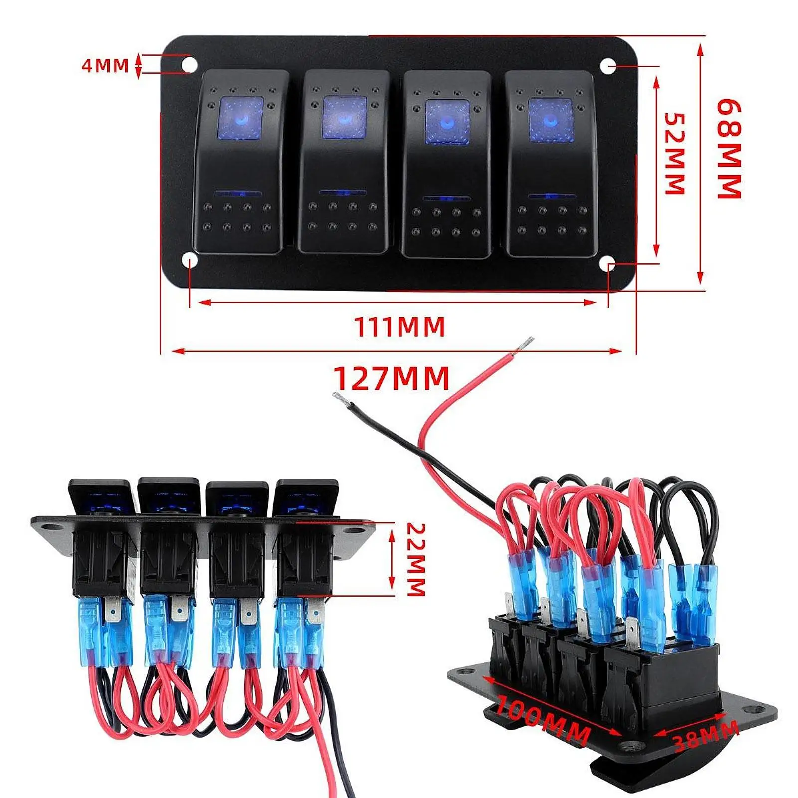 

Sturdy Aluminum Blue Backlit Rocker Switch Panel 4 Gang Premium Electric Control Universal Application for Vehicles Ships