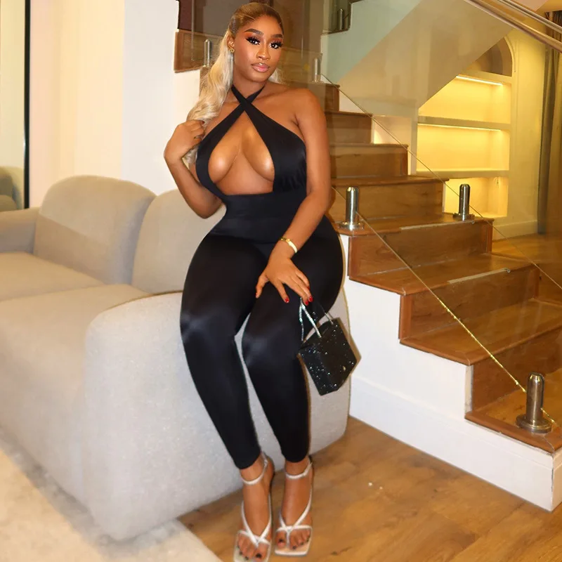 

Women's Fashion Sexy Slightly Elastic Tight-fitting Solid Color Long Jumpsuit Sleeveless Halter Neck Backless Bodysuit