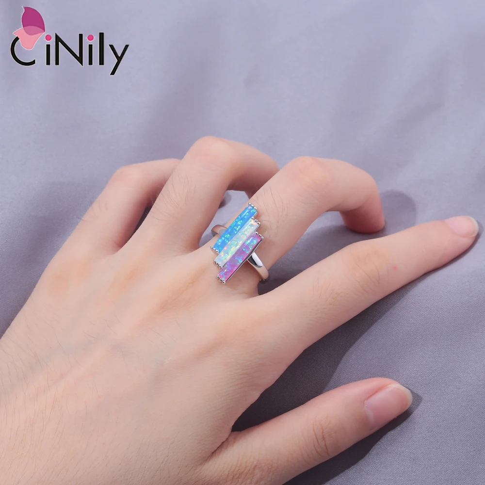 CiNily Tricolor Stone Rings Created Pink White Blue Fire Opal Silver Plated For Women Wedding Party Fashion Jewelrys Size 7-10